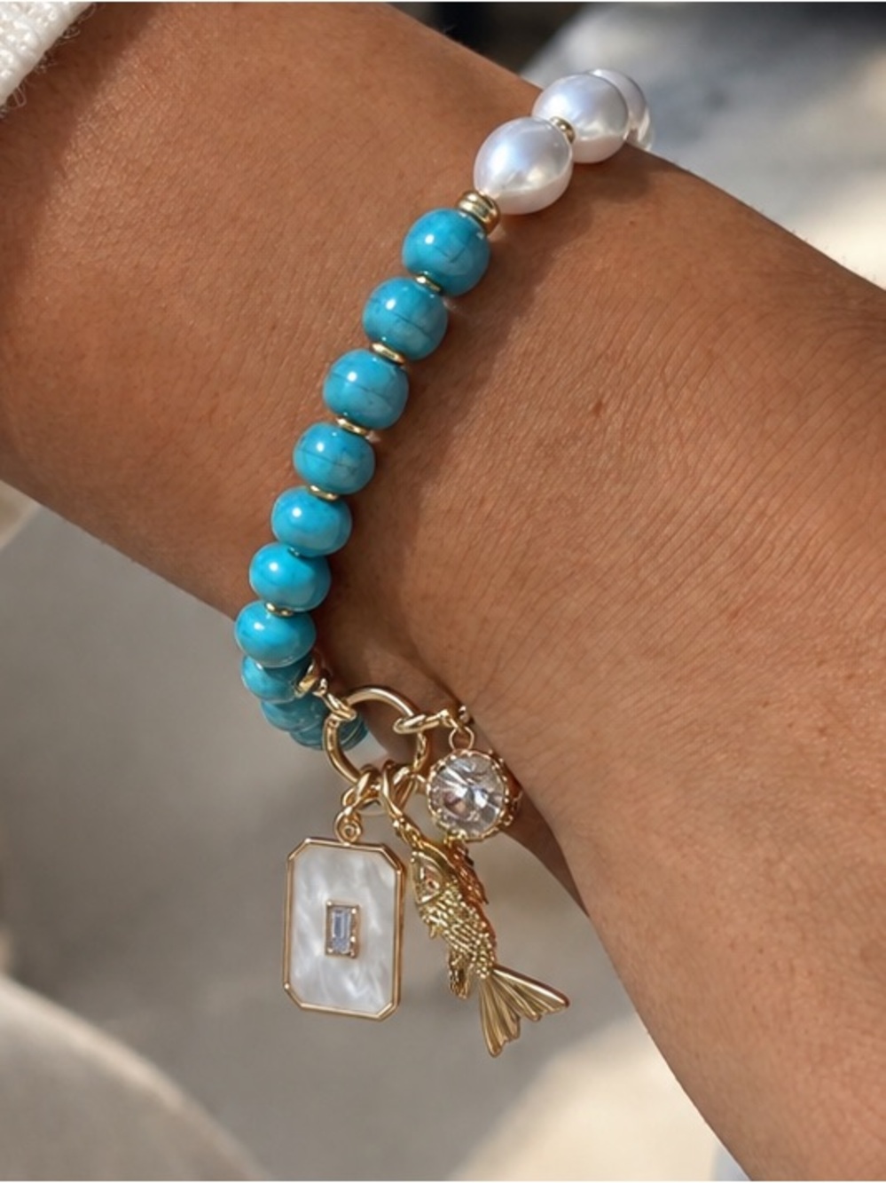 Mayamar Turquoise and Pearl Charm Bracelet with Gold shell, fish and pearl